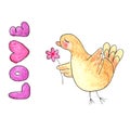 Sketch brown bird with pink flower and love Royalty Free Stock Photo