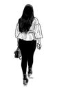 Sketch of brunette girl with bag and smartphone going away