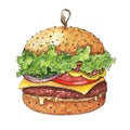 Sketch of a burger painted with watercolor on paper on an isolated white background