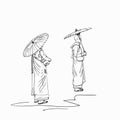 Sketch of Burmese buddhist nuns with sun umbrellas