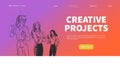 Creative projects landing page design template with office woman group.