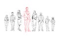 Sketch businesspeople team stay on white background, leader in front of team of successful executives, full length group