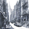 Sketch of Bustling City Street