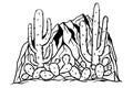Sketch cacti in the mountains of America. Black and white sketch of Arezona cacti. Desert landscape with mescaline