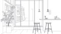 Modern Bar Interior Sketch, Architecture, Furniture Royalty Free Stock Photo