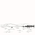 Sketch of calm lake with couple on boat far in water, forest with reflection and mountains, Hand drawn Royalty Free Stock Photo