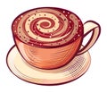 Sketch of Cappuccino in Cup, Aroma Drink Vector