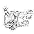 Sketch caricatures, a man steams inside a barrel near a stot birch broom, isolated object on a white background vector
