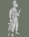 Sketch of a cartoon armed man with a machine gun in his hand
