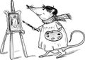 Sketch of cartoon rat artist with palette and brush standing for easel and painting self portrait Royalty Free Stock Photo