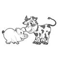 sketch cartoon scene with funny looking cow calf and pig playing together illustration for kids Royalty Free Stock Photo