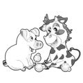 sketch cartoon scene with funny looking cow calf and pig playing together illustration for kids Royalty Free Stock Photo