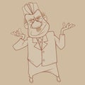 Sketch of a cartoon serious man in a suit with a garrison cap gesturing with his hands