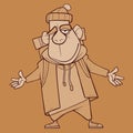 Sketch of cartoon winking smiling male tourist with backpack standing open arms