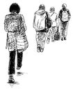 Sketch of casual city pedestrians walking along street