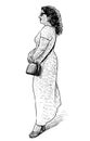 Sketch of casual city woman in long dress standing outdoors