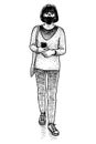 Sketch of casual city woman in mask with smartphone walking along street Royalty Free Stock Photo