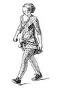 Sketch of casual city woman with  mobile phone in  hand striding down street alone Royalty Free Stock Photo