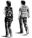 Sketch of casual couple young citizens walking together outdoors Royalty Free Stock Photo