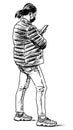 Sketch of casual modern urban woman in mask standing outdoors and looking at her smartphone