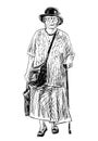 Sketch of casual old woman in hat with walking cane strolling outdoors