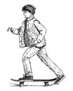 Sketch of casual school boy riding skateboard Royalty Free Stock Photo