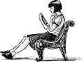 Sketch of young girl sitting on park bench and reading book Royalty Free Stock Photo