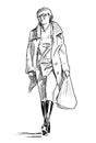 Sketch of casual townswoman in eyeglasses walking with purchases along street Royalty Free Stock Photo