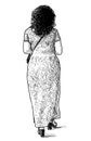 Freehand drawing of casual townswoman in long dress walking outdoors