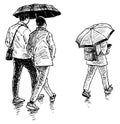 Sketch of casual urban pedestrians under umbrellas walking in raining