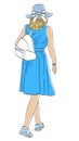 Sketch of casual young city woman in blue dress in hat with backpack walking outdoors on summer day Royalty Free Stock Photo