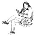 Sketch of casual young city woman sitting on park bench and reading book Royalty Free Stock Photo