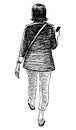 Sketch of casual young city woman with smartphone walking along street Royalty Free Stock Photo