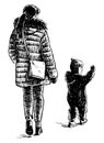 Sketch of casual young towns woman with little son walking outdoors