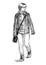 Sketch of casual young townswoman walking down street Royalty Free Stock Photo