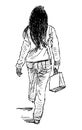 Sketch of casual young woman with shopping bag walking along street Royalty Free Stock Photo