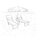 Sketch of chaise lounges and umbrella on the beach. Vector illustration.