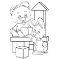 Sketch of the characters of a hare and a bear who play and build a tower of large cubes, coloring, isolated object on a