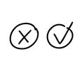 Hand drawn check and cross marks in round boxes. Vector black line icons isolated on white background. Royalty Free Stock Photo