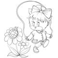 Sketch of a chicken character with a bow on his head jumps over a rope and a bug sits on a flower and watches it