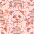 Sketch Chinese temple and panda, seamless pattern Royalty Free Stock Photo