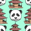 Sketch Chinese temple and panda, seamless pattern Royalty Free Stock Photo