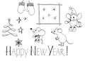 Sketch of christmas elements. Abstract tree, three mice, New Year`s inscription, two stars, frame with snowflakes and snowflake.