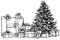 Sketch Christmas tree and gifts. Christmas card, drawing for your design. Royalty Free Stock Photo