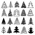 Sketch christmas tree isolated logo set. Hand drawn pencil holiday winter elements. Black fir trees draw rough Royalty Free Stock Photo