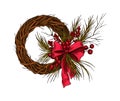 Sketch of Christmas wreath, isolated vector icon.