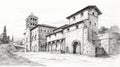 Hand Drawn Sketch Of Romanesque Church In Tuscanycitt, Italy