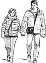 Sketch of citizens couple walking along street together Royalty Free Stock Photo