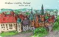 Sketch city scape Poland Krakow castle towers, free hand draw
