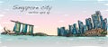 Sketch city scape of Singapore skyline with Marina bay